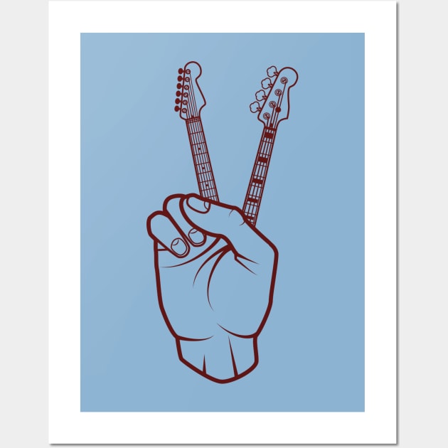 Guitar and Bass Outline Hand Peace Sign Light Theme Wall Art by nightsworthy